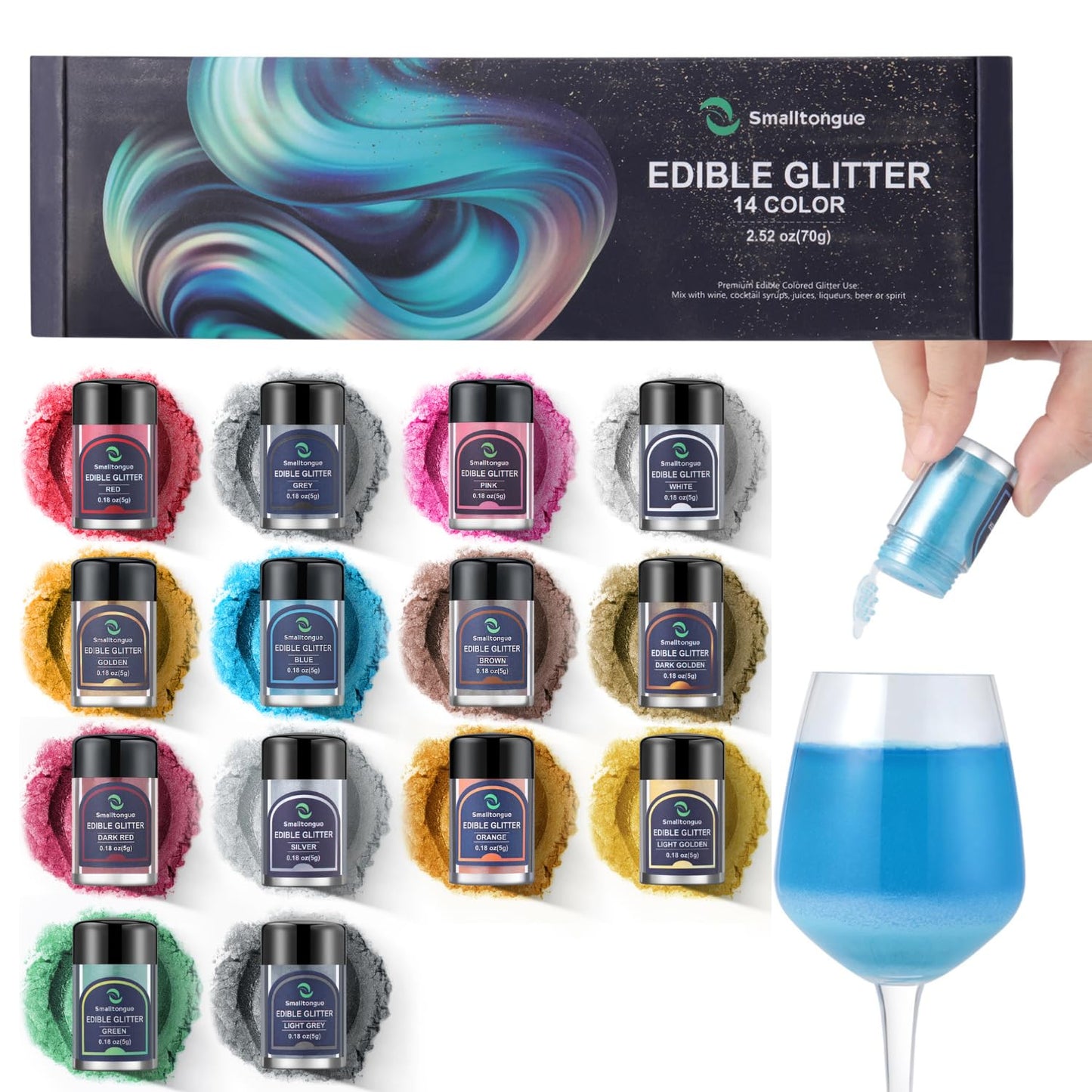 Smalltongue Edible Glitter, Food Grade Luster Dust, 14 Colors, 5g per Bottle