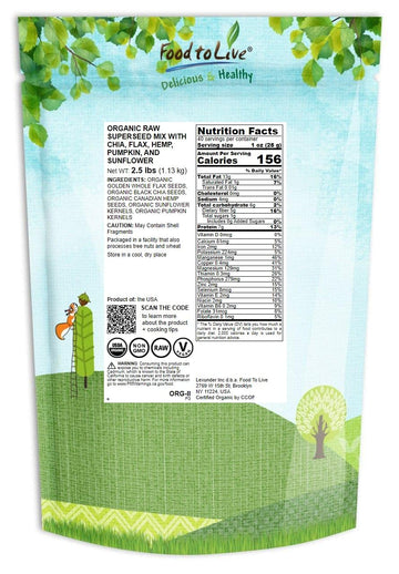 Food To Live - Organic Raw Superseed Mix- Chia, Flax, Hemp, Pumpkin, And Sunflower, 2.5 Pounds - Non-Gmo Whole Seeds Blend, Vega