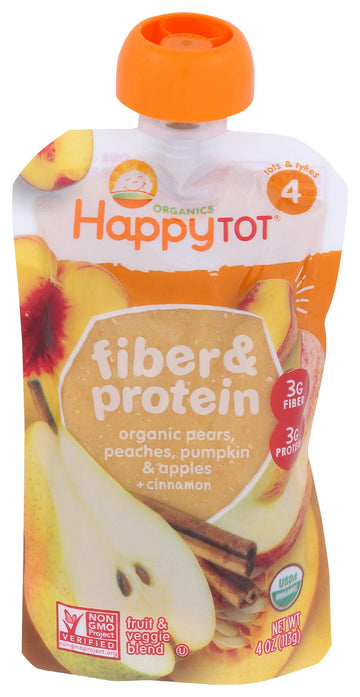 Happy Tot Fiber & Protein Stage 4 Organic Toddler Food Pears Apples Peaches Pumpkin & Cinnamon, 4 Ounce Pouch Fruit & Veggie Ble