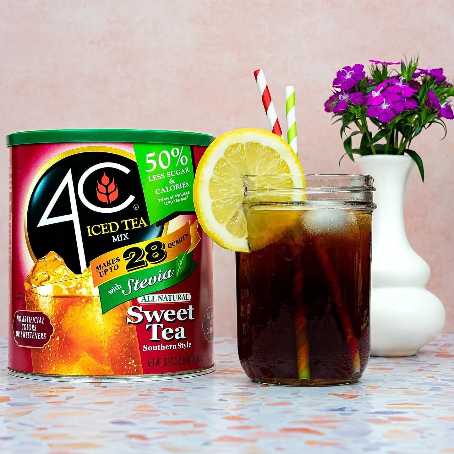 4C Reduced Sugar Powdered Drink Mix Canisters, Iced Tea, 28 Quarts, Family Sized Canister, Thirst Quenching & Refreshing Flavors (Sweet Tea, 36.9 Ounce (Pack Of 1))