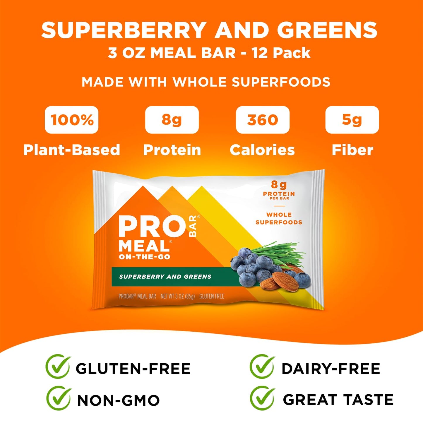 PROBAR - MEAL Bar, Superberry & Greens, Non-GMO, Gluten-Free, Healthy, Plant-Based, Whole-Food Ingredients, Natural Energy (12 C