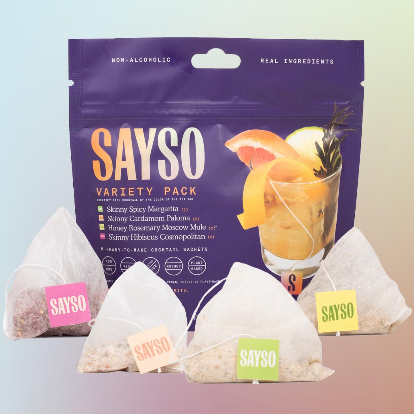 Sayso Spicy Margarita Cardamom Paloma And Hibiscus Cosmopolitan (Skinny) & Honey Rosemary Moscow Mule Mixed Flavor Mix Variety Pack | (Low-Calorie & Low Sugar Mixed Flavor Tea Bags) 8-Pack Assorted