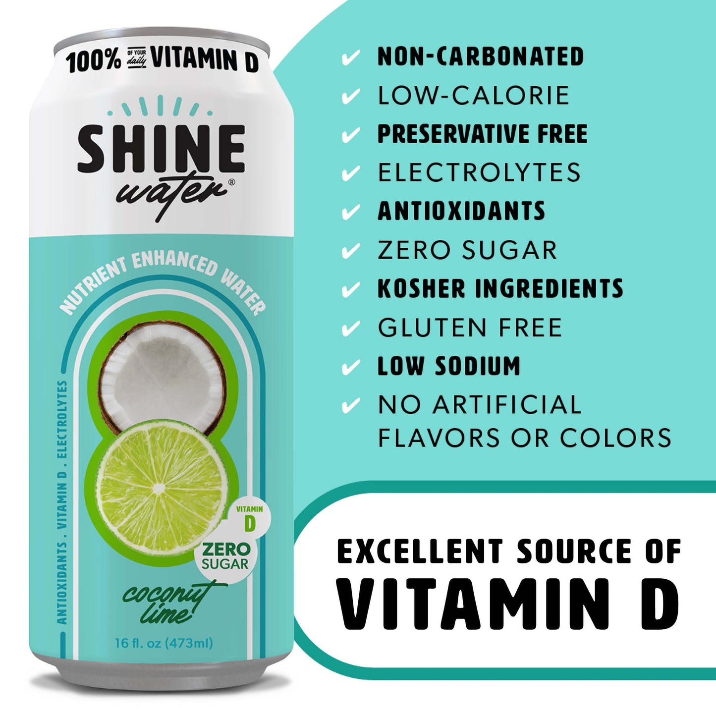 Shinewater Vitamin D Hydration Electrolyte Drink, Coconut Lime 12 Pack, Sugar Free Naturally Flavored Water, Magnesium, Zinc, Vi