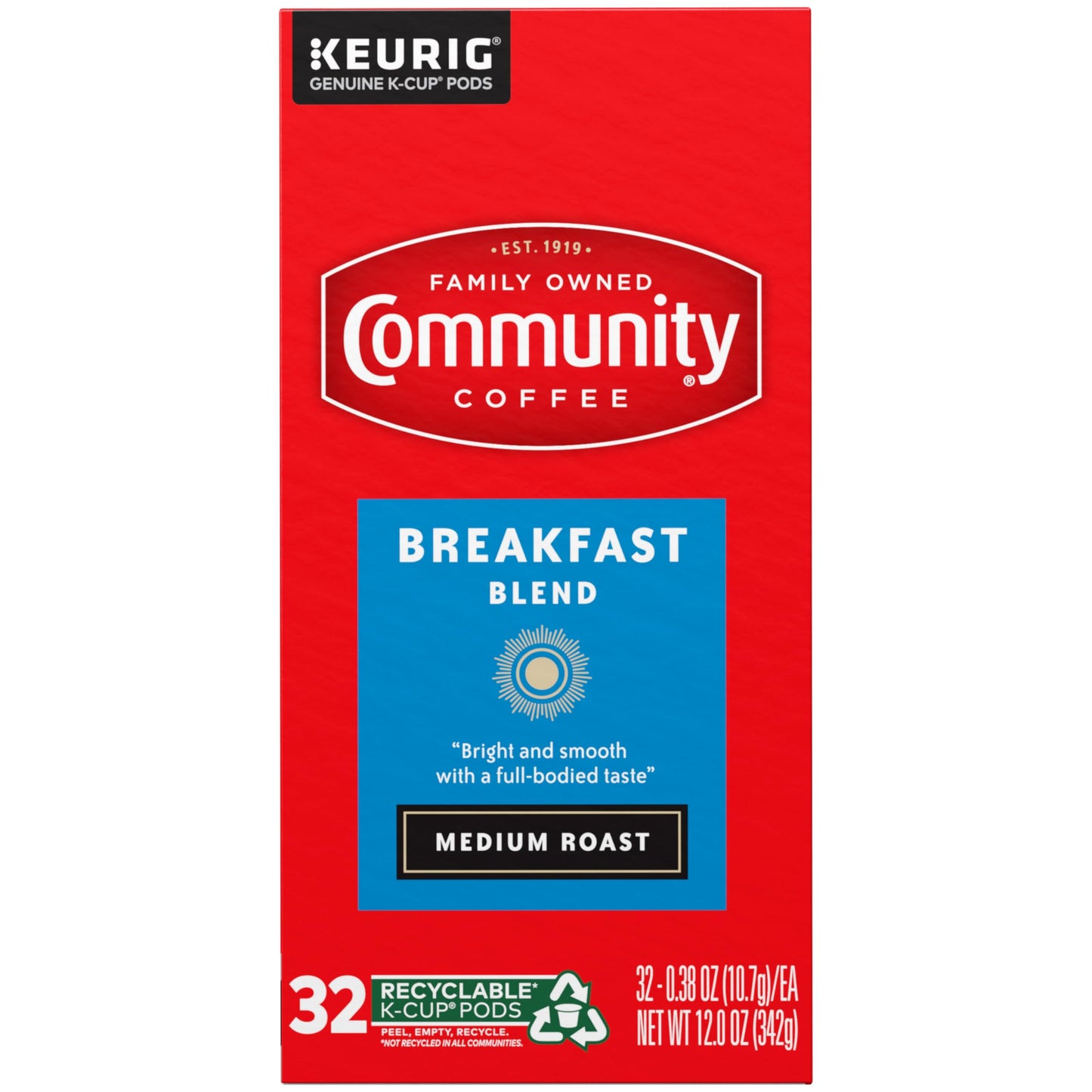 Community Coffee Breakfast Blend, Medium Roast, Single-Serve Keurig K-Cup Pods, 32 Count (Pack of 4)