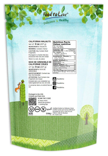 Food To Live - California Walnuts Halves & Pieces, 8 Ounces Raw, Unsalted, Shelled, Vegan, Kosher, Sirtfood, Bulk. Rich In Omega
