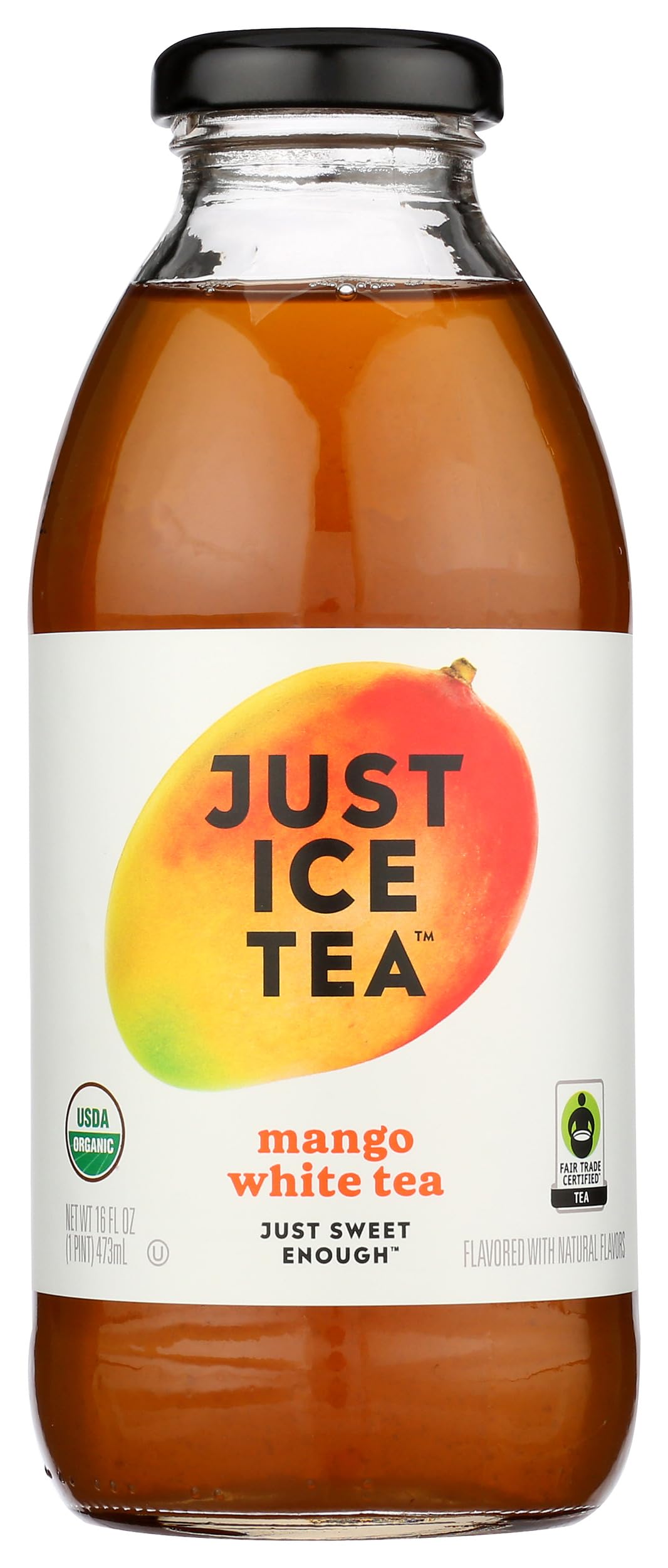 Just Ice Tea Mango White Tea, Ready to Drink, Contains Caffeine, Fair Trade, USDA Organic, 16 Fl Oz, Pack of 12