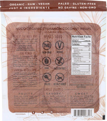 All-Natural, Paleo, Gluten Free, Vegan Non-Gmo, Kosher Raw Veggie Nuco Coconut Wraps Cinnamon Flavor. No Salt Added Low Carb And