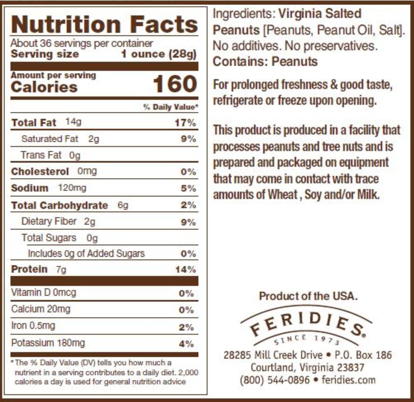 Feridies Gourmet Virginia Salted Peanuts, Extra Large Peanuts, All Natural, Non Gmo, Kosher, 36Oz Can