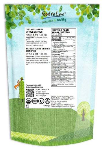 Food To Live Organic Whole Green Lentils, 3 Pounds Non-Gmo, Dried Raw Beans, Sproutable, Vegan, Kosher, Bulk. High In Folate, Dietary Fiber, Protein. No Soaking Required. For Soups, Veggie Burgers.