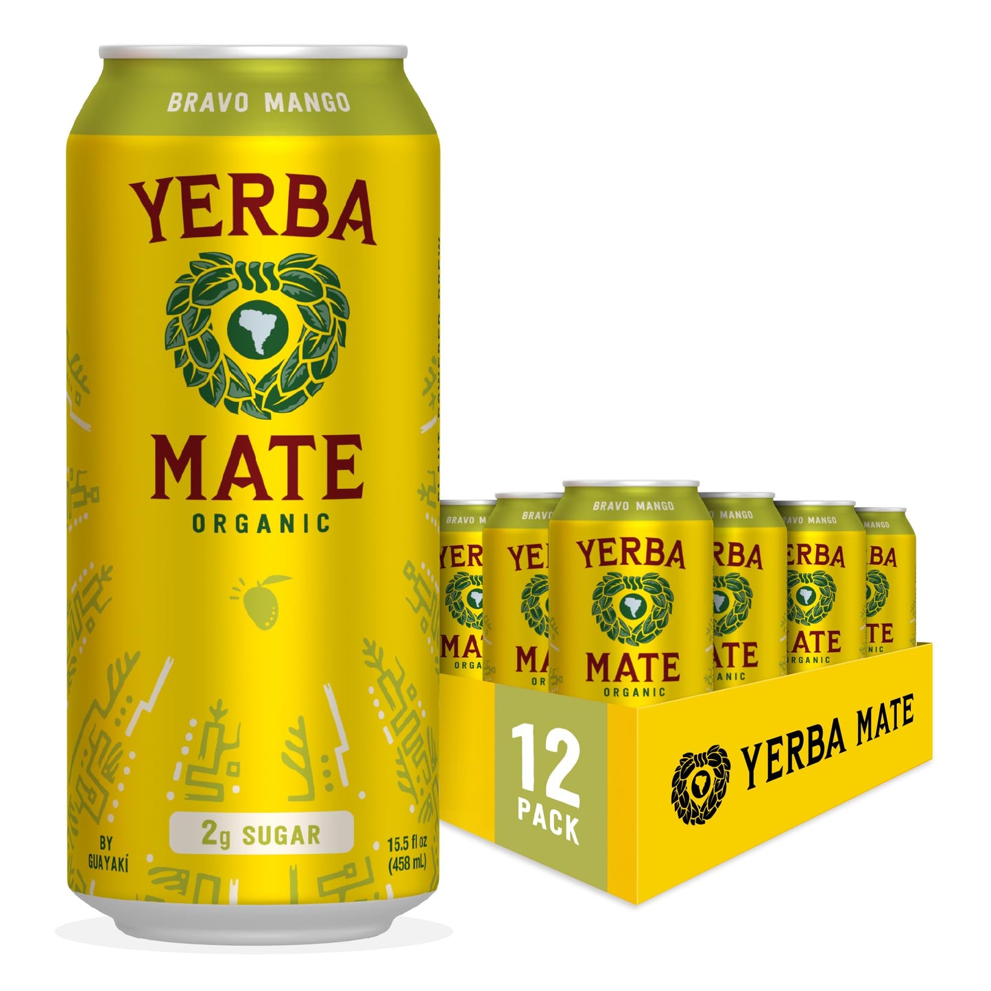 Guayaki Yerba Mate Energy Drink, Bravo Mango, Low Sugar, 150mg Caffeine, 15.5 Fl Oz, Pack of 12