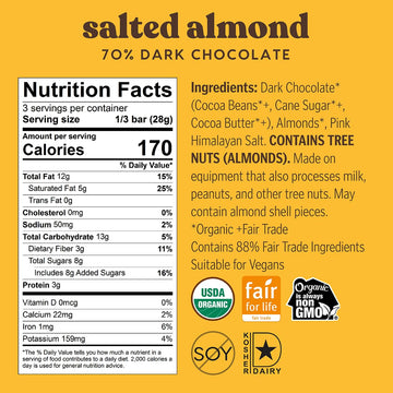 Theo Chocolate Salted Almond Organic Dark Chocolate Bar, 70% Cacao, 12 Pack | Vegan, Fair Trade