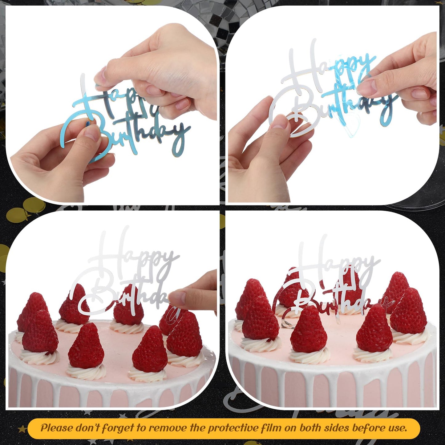 Barydat 24 Pieces Silver Happy Birthday Cake Toppers, Mirror Acrylic, 3.62 x 2.99 x 0.05 inches, 6 Styles, Model SIJ-Bary