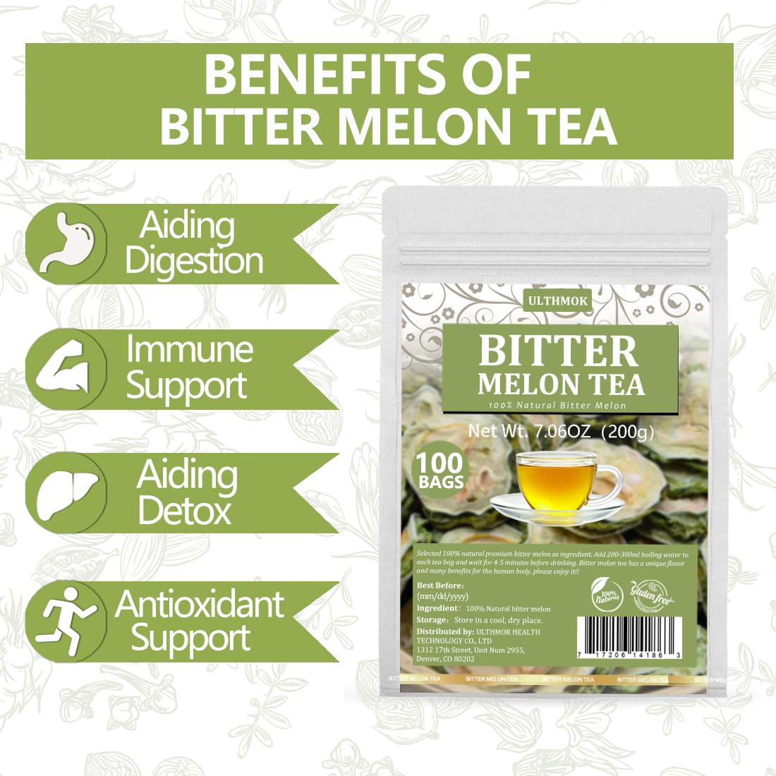 ULTHMOK Bitter Melon Tea Bags, 100% Pure, Caffeine-Free, 100 Count