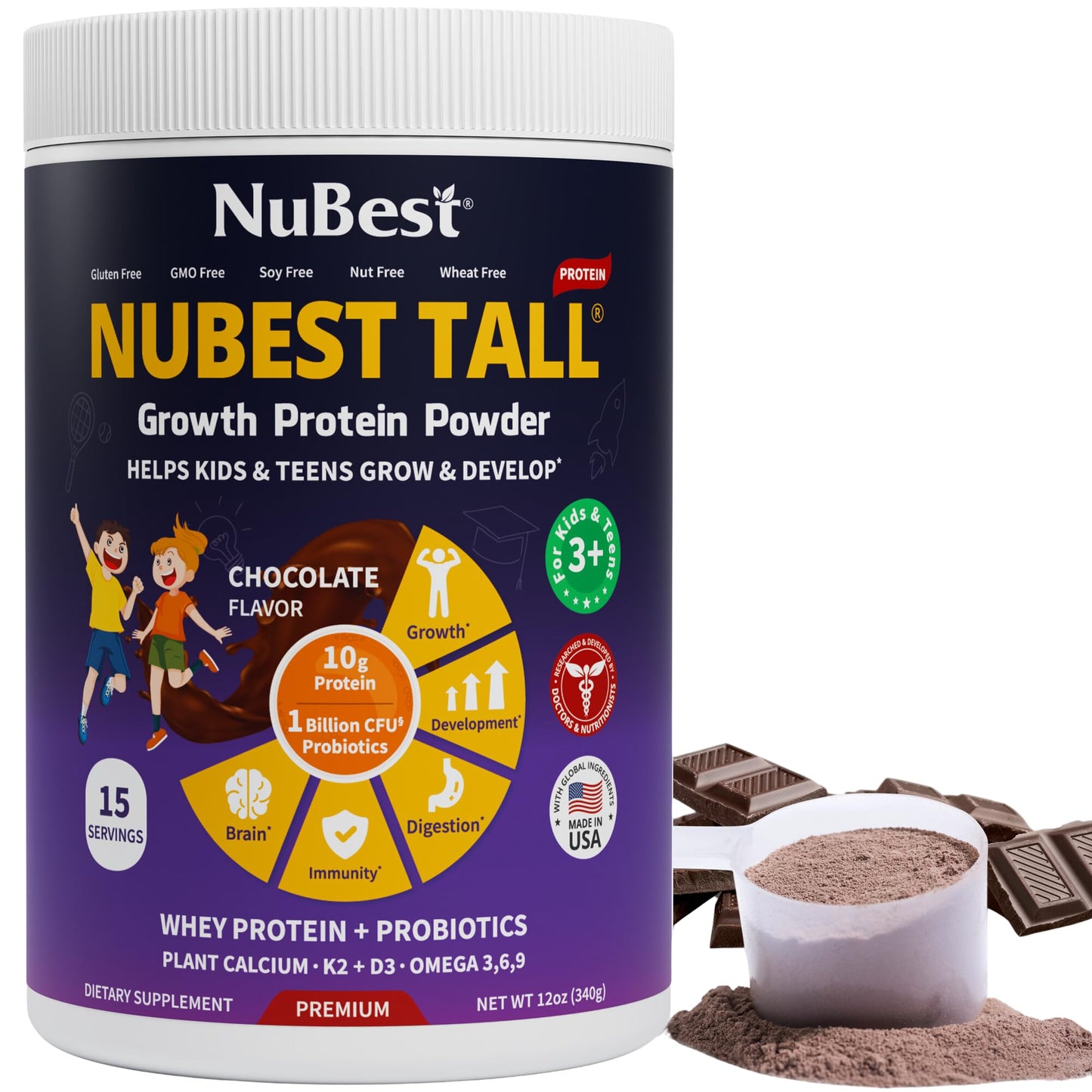 NuBest Tall Protein Powder for Kids & Teens - Chocolate - 15 Servings - Whey Protein with Probiotics, Omega 3-6-9, Vitamin D3 + K2