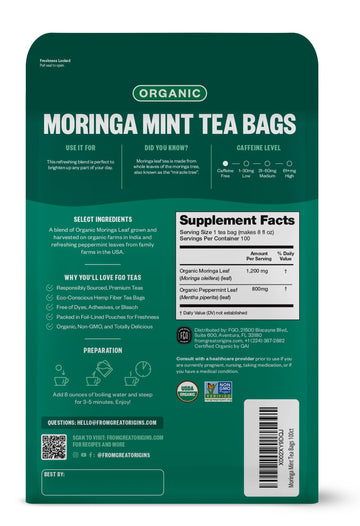 Fgo Organic Moringa Mint Tea, Eco-Conscious Tea Bags, 100 Count, Packaging May Vary (Pack Of 1)