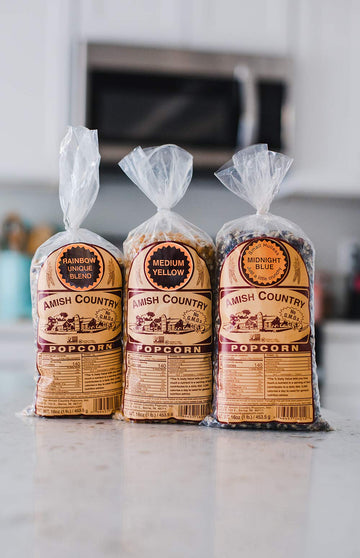 Amish Country Popcorn | 3-1 lb Bags | Variety Set | Midnight Blue, Rainbow, & Medium Yellow Popcorn Kernels | Old Fashioned, Non