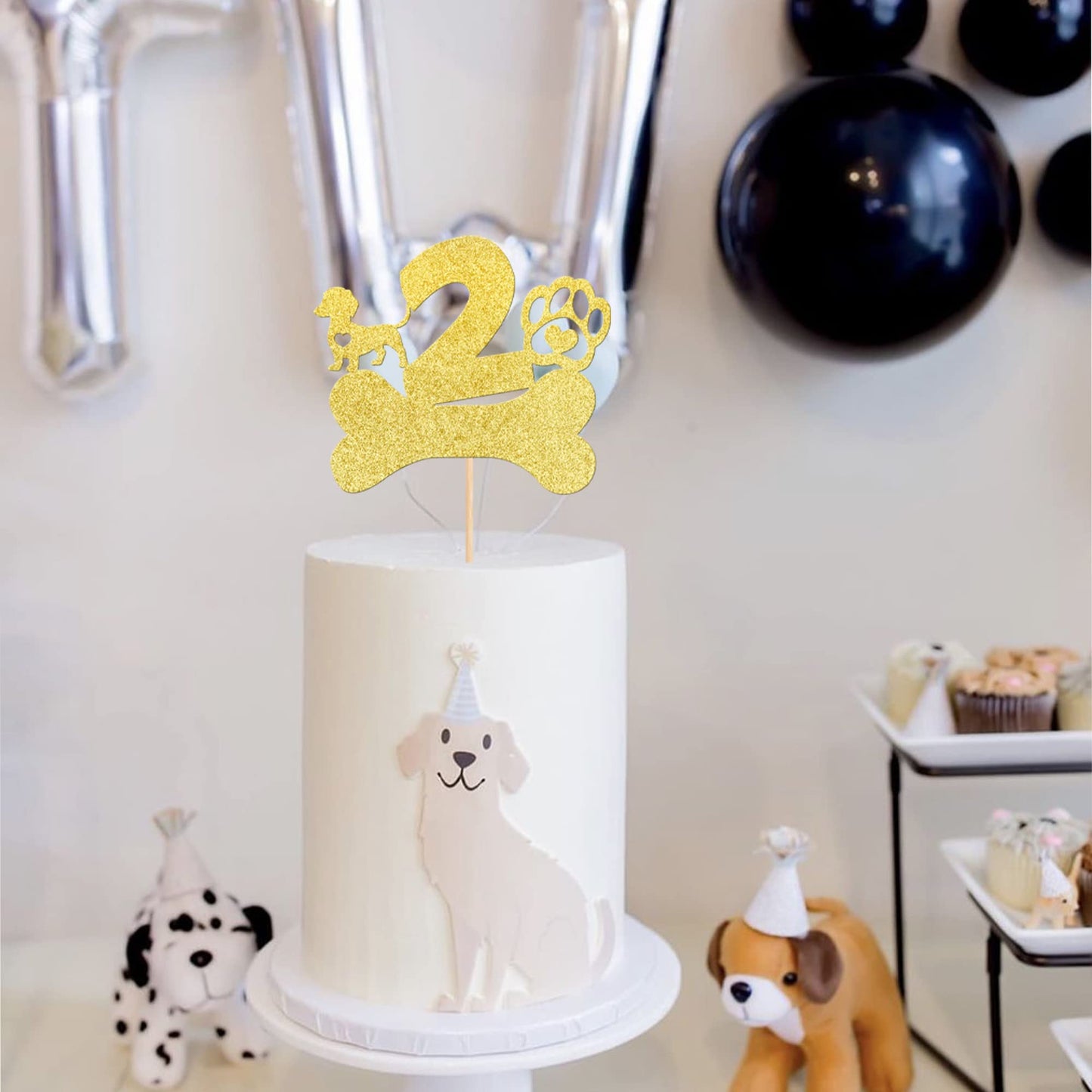1 Pcs 2Nd Birthday Cake Topper With Gold Glitter Dog Paw Two Years Old Birthday Puppy Dog Bone Cake Pick For Let'S Pawty Baby Sh
