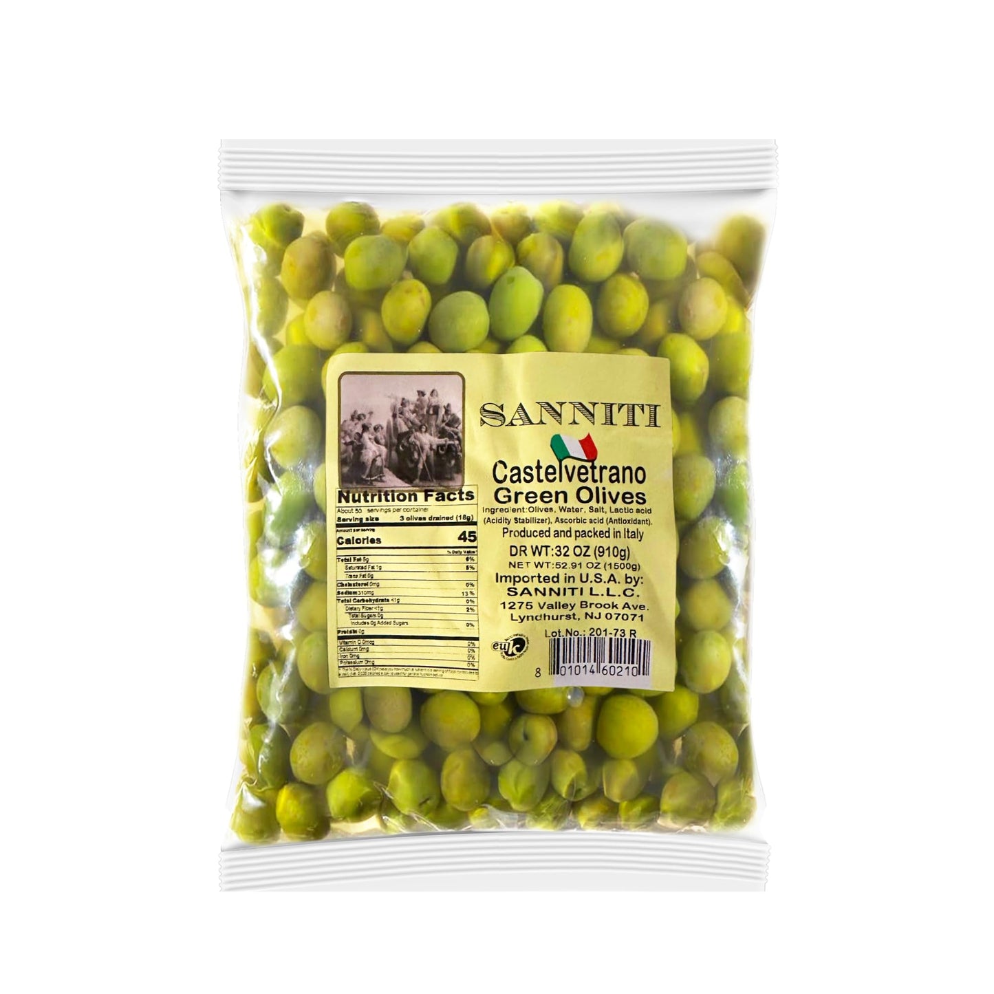 Sanniti Castelvetrano Green Olives | Sicilian Castelvetrano Olives In A Bag | Imported From Italy | Dr Wt 32 Oz (910G) Net Wt 52.91 Oz (1500G) (Whole)
