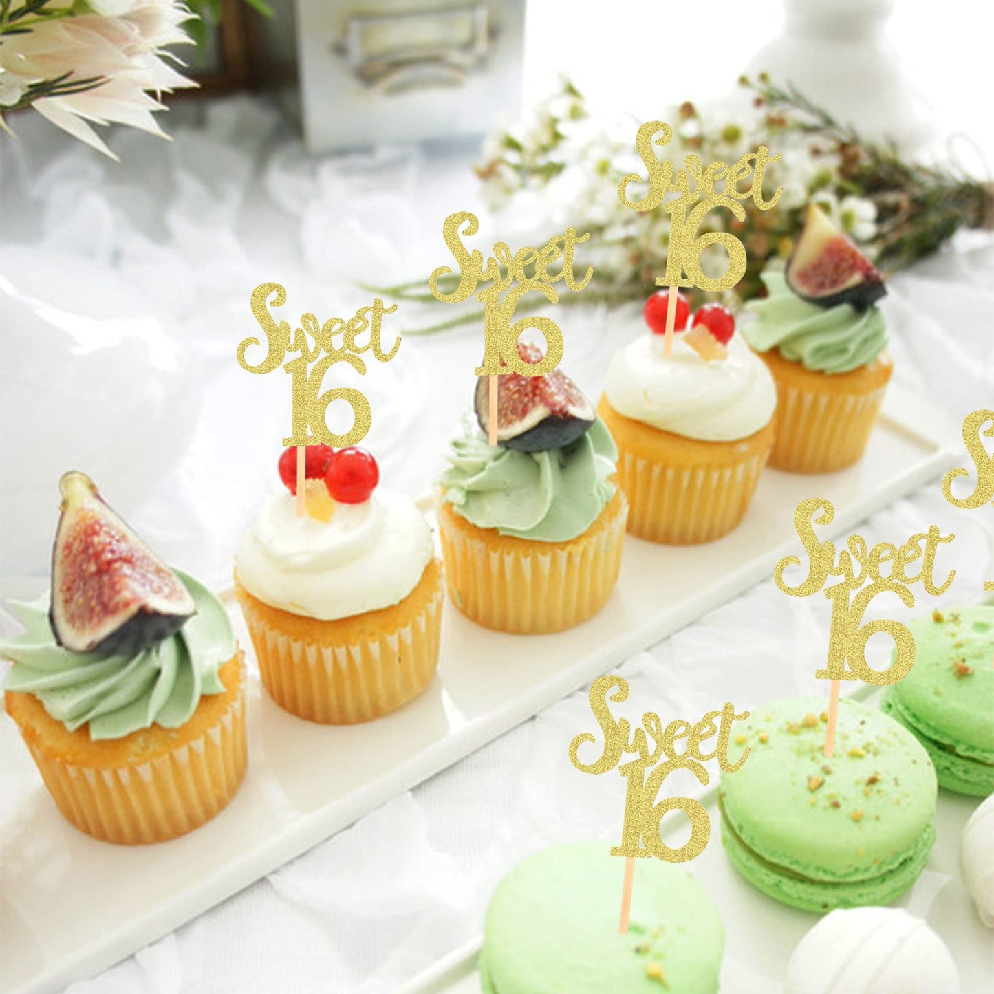 Ercadio 24 Pack Sweet 16 Cupcake Toppers Gold Glitter Age Sixteen Cupcake Picks Anniversary 16Th Kids Birthday Party Cake Decors