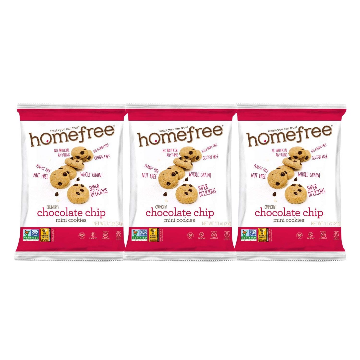 Homefree Treats You Can Trust Gluten Free Mini Cookies, Single Serve, Chocolate Chip, 1.1 Ounce (Pack Of 30)