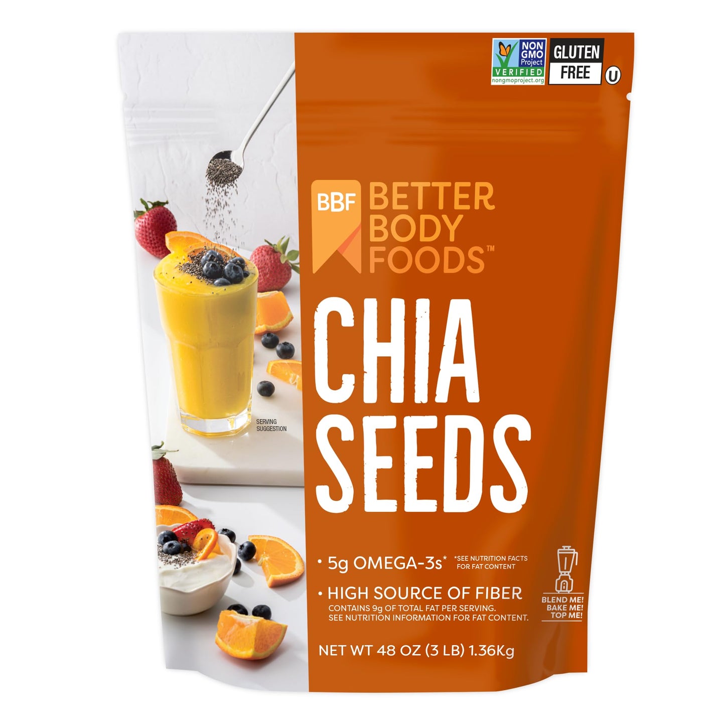 BetterBody Foods Chia Seeds 3 lbs 48 Oz with Omega-3 Non-GMO Gluten Free Keto Diet Friendly Vegan Good Source of Fiber Add to Smoothies