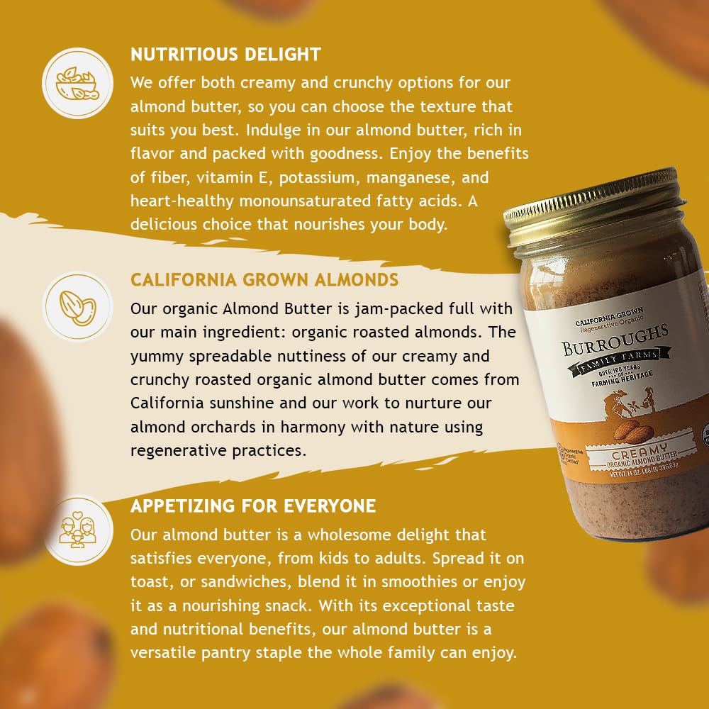 Burroughs Family Farms Regenerative Organic Creamy Almond Butter (14 Oz Pack Of 1, Creamy)