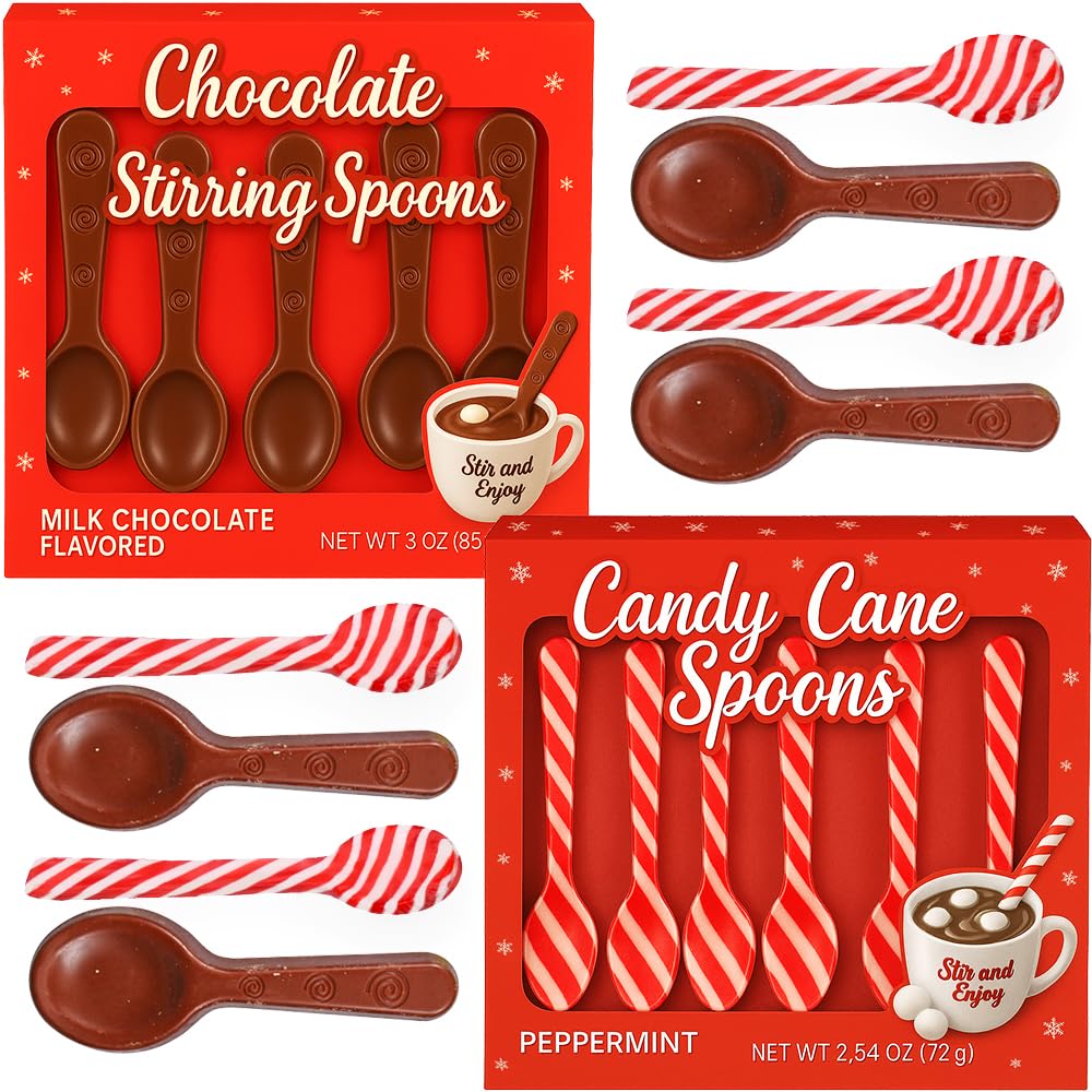 Candy Cane Peppermint & Milk Chocolate Candy Spoons - Edible Stirring Stick Hot Chocolate Coffee Tea Cocoa Bar Supply - Christmas Stocking Stuffer Holiday Gift Treat (1 Pack Of Each(11 Total Spoons))