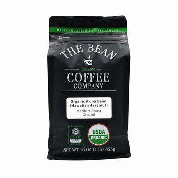 The Bean Organic Coffee Company Aloha Bean (Hawaiian Hazelnut), Medium Roast, Ground Coffee, 16-Ounce Bag,Café Molido Tostado Organico