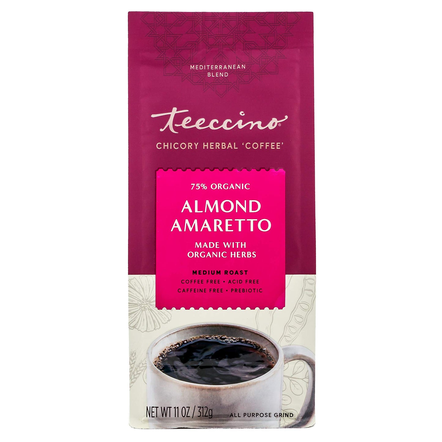 Teeccino Almond Amaretto Ground Herbal Coffee - Caffeine Free, Medium Roast, 11 Ounce (Pack of 6)