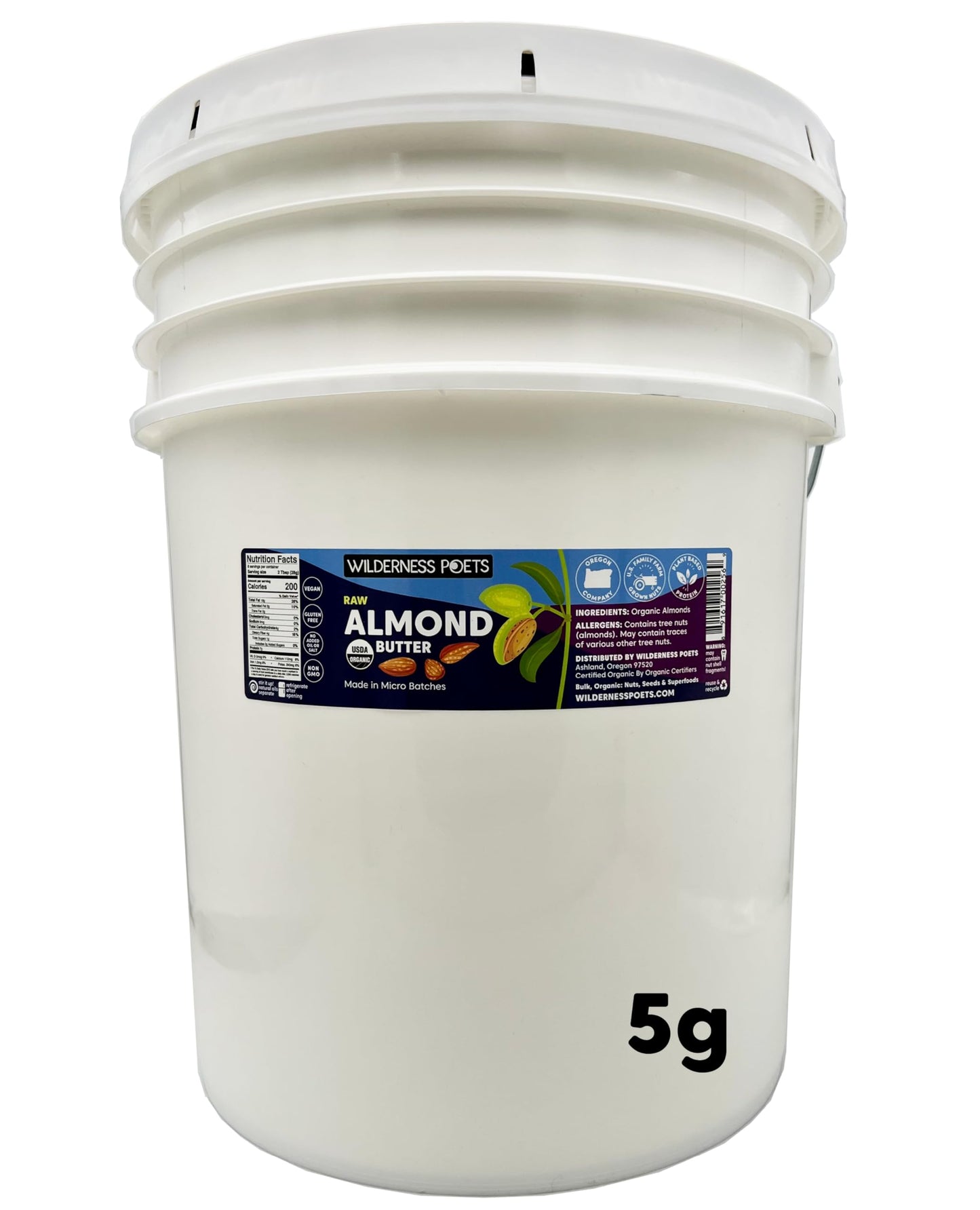 Wilderness Poets, Organic Almond Butter (40 Pound - 5 Gallon) - Raw, Unsweetened, Salt-Free, Vegan Nut Butter