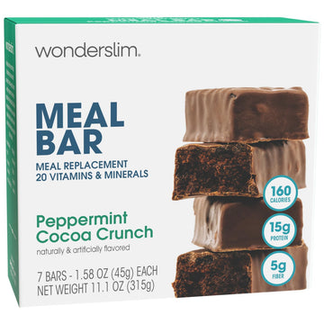 WonderSlim Meal Replacement Protein Bar, Peppermint Cocoa Crunch, 15g Protein, 20 Vitamins & Minerals, Gluten Free (7ct)