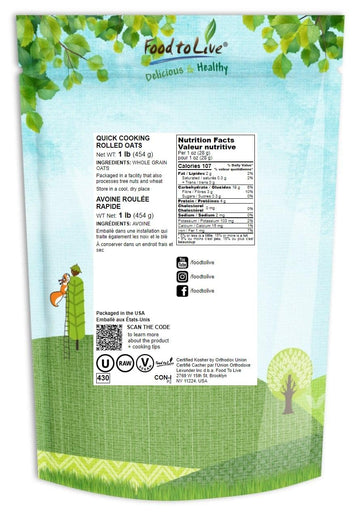 Food To Live Quick Cooking Rolled Oats, 1 Pound - One Minute Oatmeal, Whole Grain, Instant Meal, Dry Thin Flakes, Uncooked, Raw