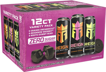 REIGN Total Body Fuel Variety Pack - Orange Dreamsicle, Reignbow Sherbet, White Gummy Bear - 16 Fl Oz, Pack of 12