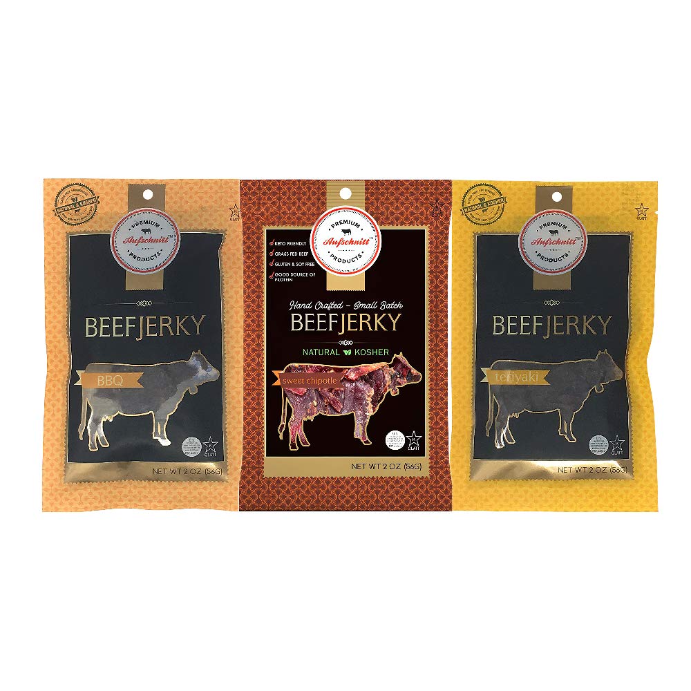 Aufschnitt Grass Fed Beef Jerky - Low Sodium, Certified Kosher - Made In Usa - Keto & Halal Friendly - 3 Pack, Sweet Variety