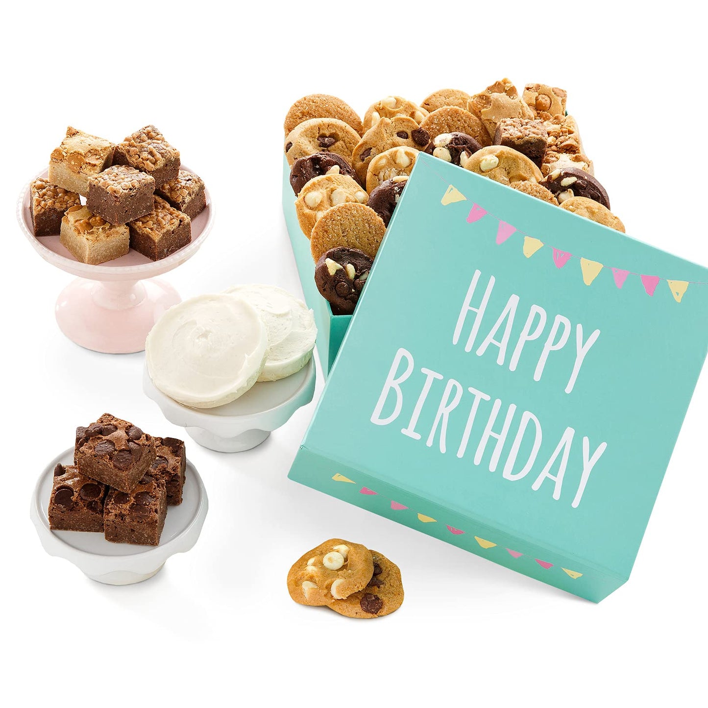 Mrs. Fields - Birthday Bites Cookie Box, Assorted With 18 Nibblers Bite-Sized Cookies, 12 Brownie Bites, And 2 Hand-Frosted Cookies (32 Count)