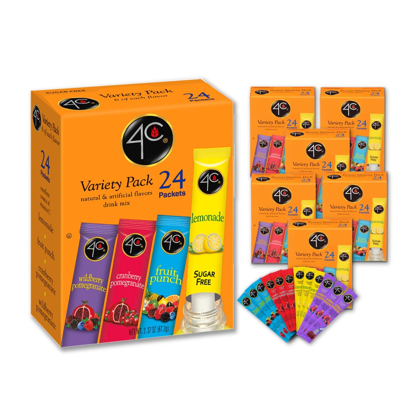 4C Powder Drink Mix Packets, Variety, 24 Count, Singles Stix On The Go, Refreshing Sugar Free Water Flavorings (2.37 Ounce (Pack Of 6))