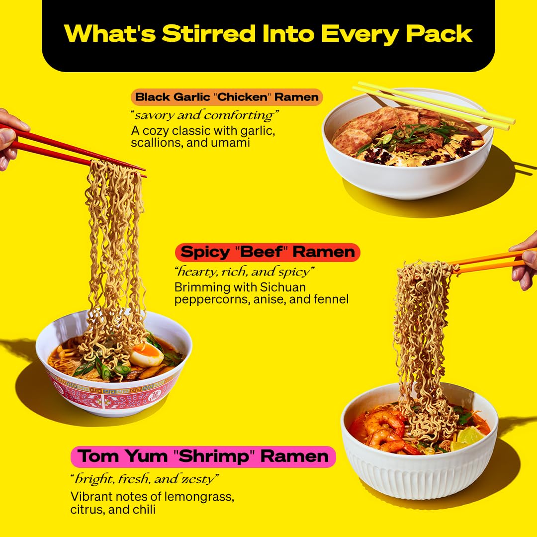 Immi Ramen Variety Pack - Bold Flavors, Better Noodles - High Protein, Low Carb, Plant Based - Spicy Beef, Black Garlic Chicken,