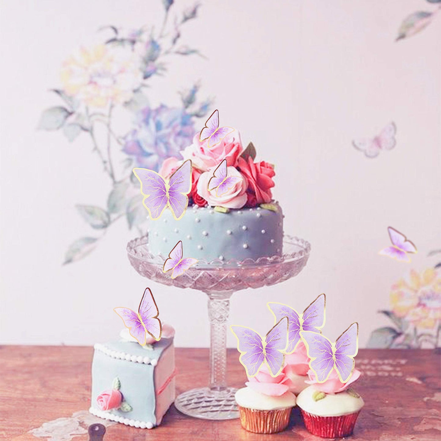 Cyodoos 30Pcs Purple Gold Edge Mixed Size Lively 3D Waterproof Butterfly Cupcake Topper For Girls Women'S Happy Birthday Wedding