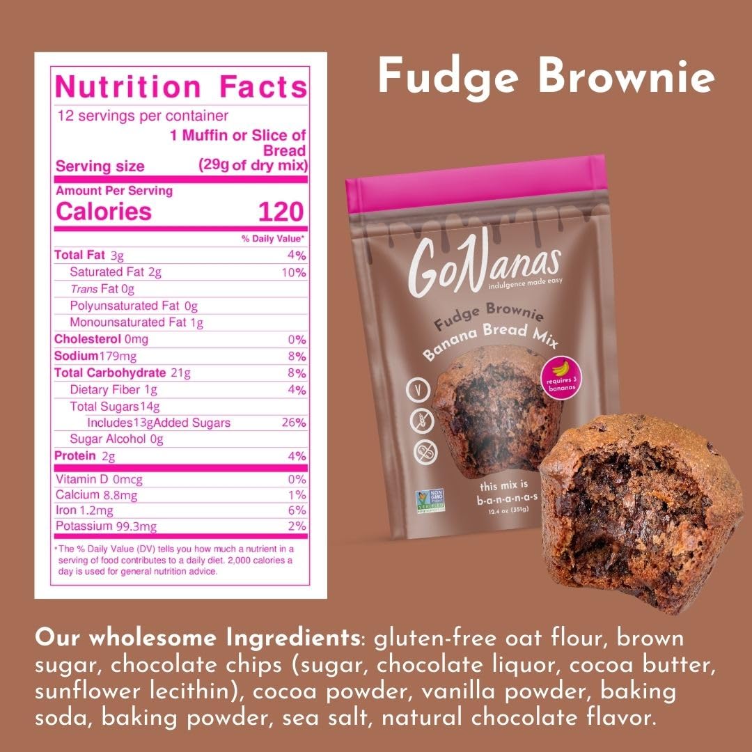 GoNanas Fudge Brownie Oat Flour Banana Bread Mix, Suitable for Plant Based Vegan Diets, Gluten Free Dairy Free Snacks, Healthy S