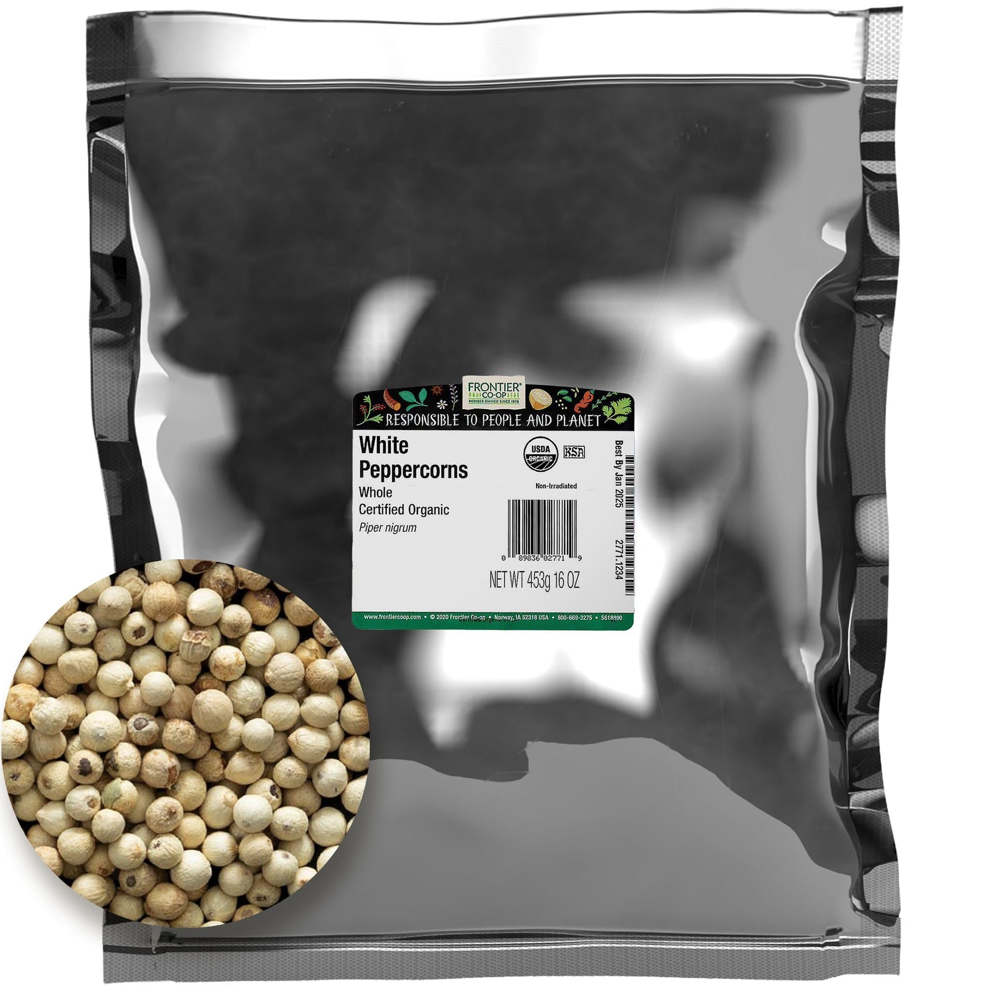 Frontier Co-Op Organic Whole White Peppercorns 1Lb