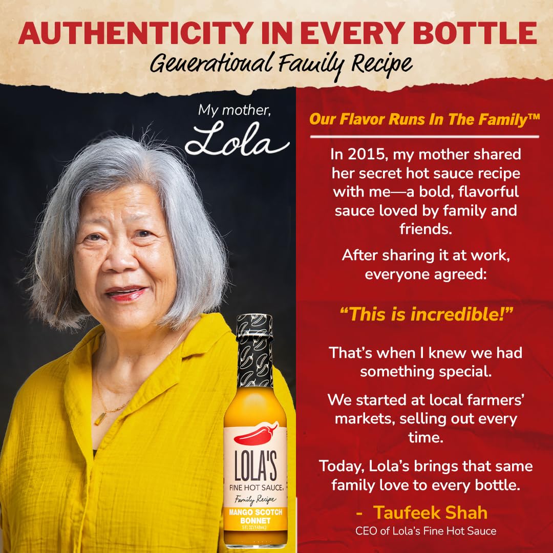 Lolas Fine Hot Sauce Mango Ginger Scotch Bonnet, Sweet & Spicy, 5 Fl Oz, Gluten Free, Keto Friendly, Zero Calories