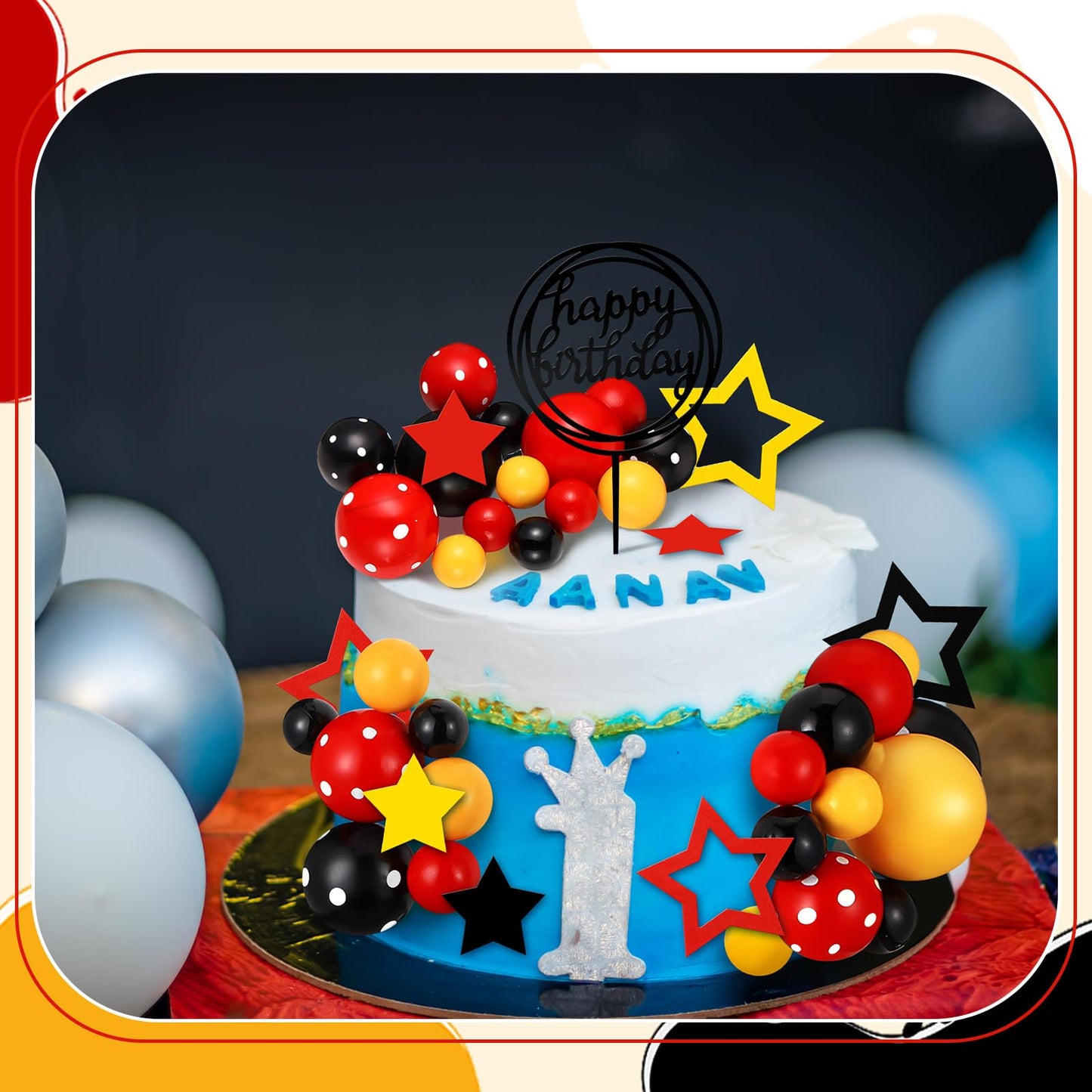 Teenyyou 57 Pcs Cake Topper Set - Black Red Yellow Star Decorations for Birthday, Baby Shower - Various Sizes