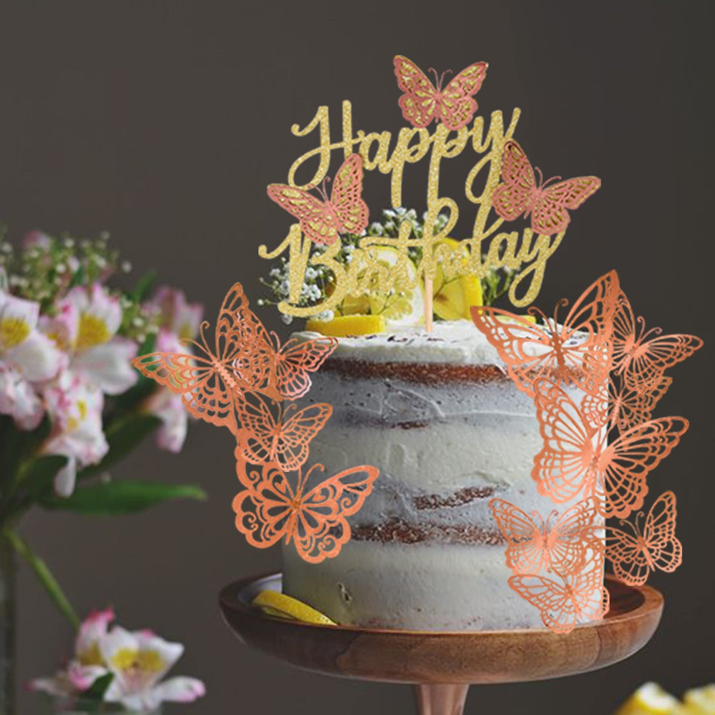 Rssta i Butterfly Cake Toppers - 25 Pack Glitter Happy Birthday 3D Cupcake Toppers - Rose Gold - Model XM266