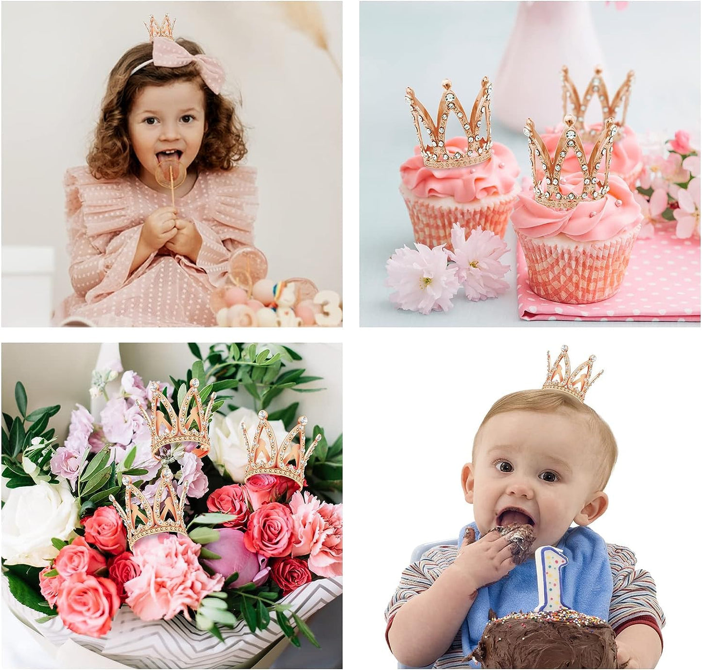 Fulanfudi Mini Crown Cake Topper Set, 16pcs, Rhinestone, Alloy, Small, Rose Gold, Baby Shower, Princess Birthday Decorations