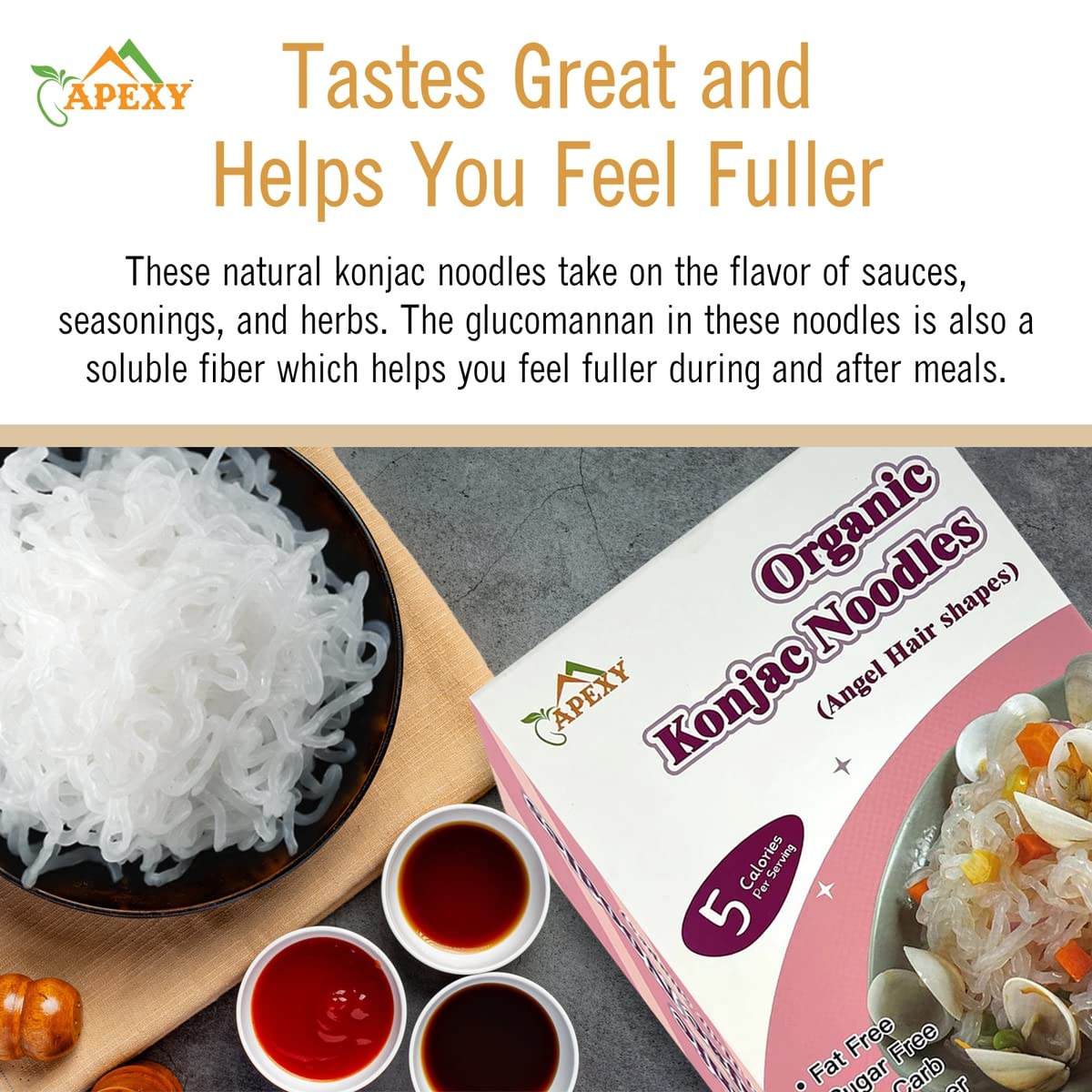 Apexy Organic Shirataki Konjac Noodle Angel Hair Pasta 8 Pouches Total 53.6Oz. Healthy Diet, Low Calorie, Low-Carb Gluten Free, Vegan, Keto And Paleo-Friendly.