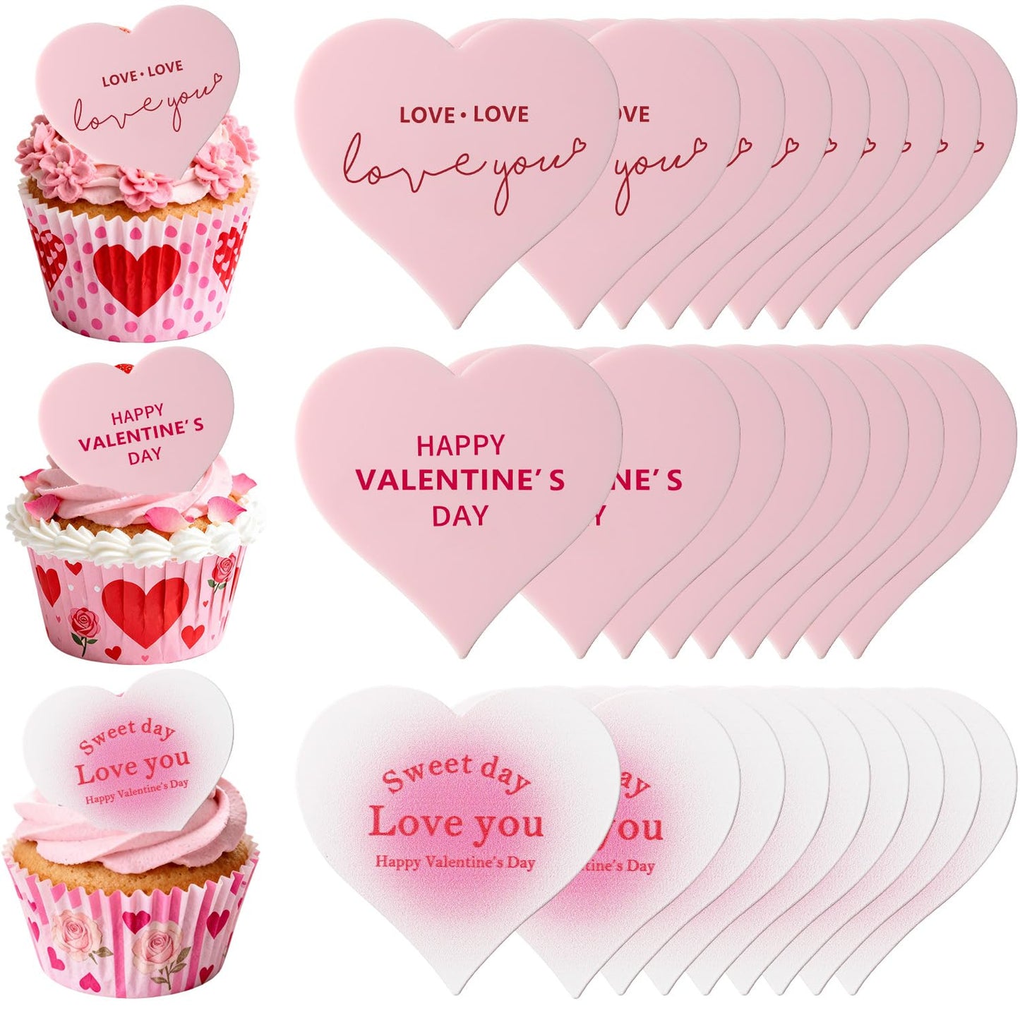 30Pcs Happy Valentines Day Cake Toppers Acrylic Cupcake Toppers 3 Different Pattern Heart Shape Custom Cupcake Picks For Valentines Party Anniversary Pastries Decorations (30 Pink Heart)