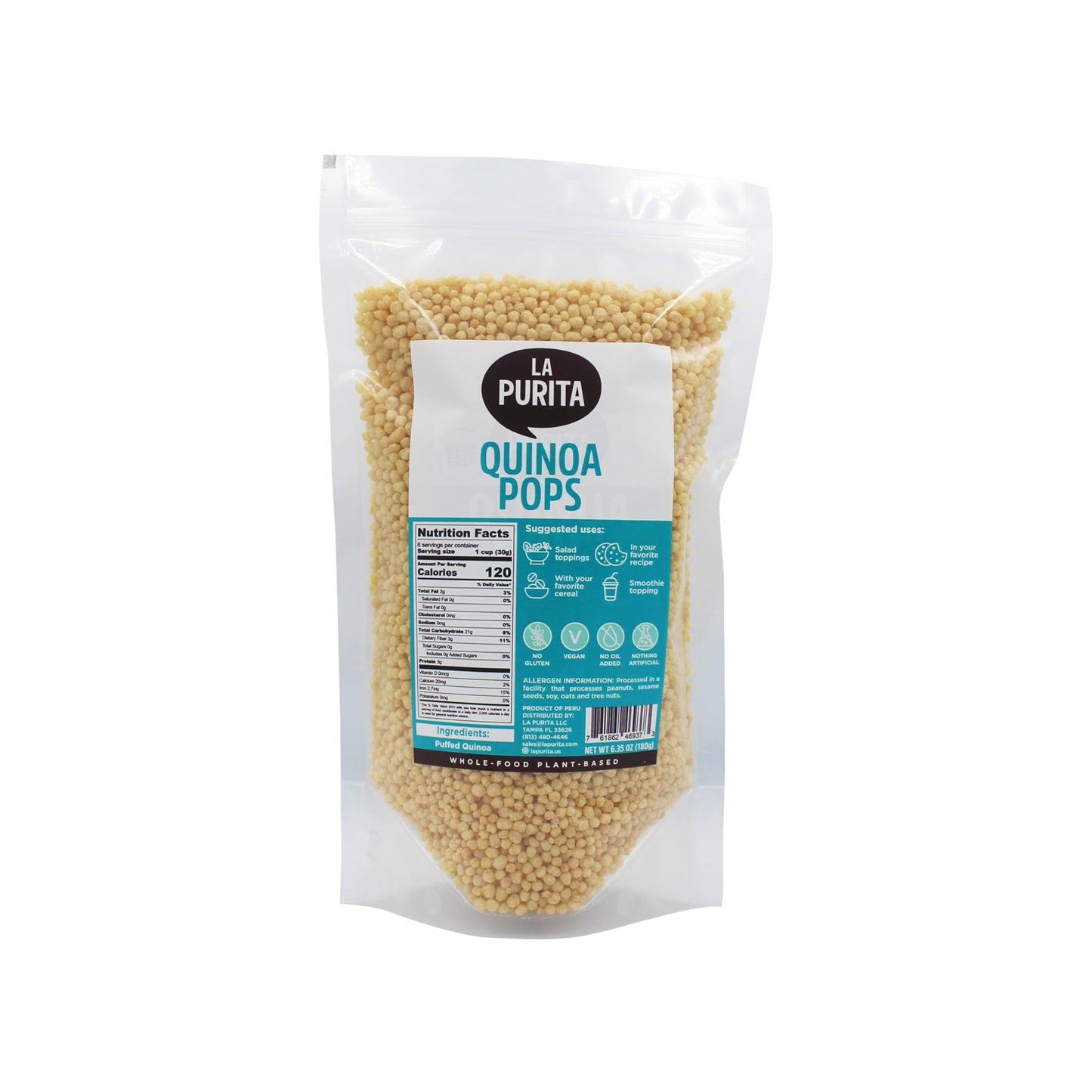 La Purita Puffed Quinoa Pops - Healthy Protein Cereal Gluten-Free Sugar-Free Vegan Superfood 6.35 oz (Pack of 1) Unflavored