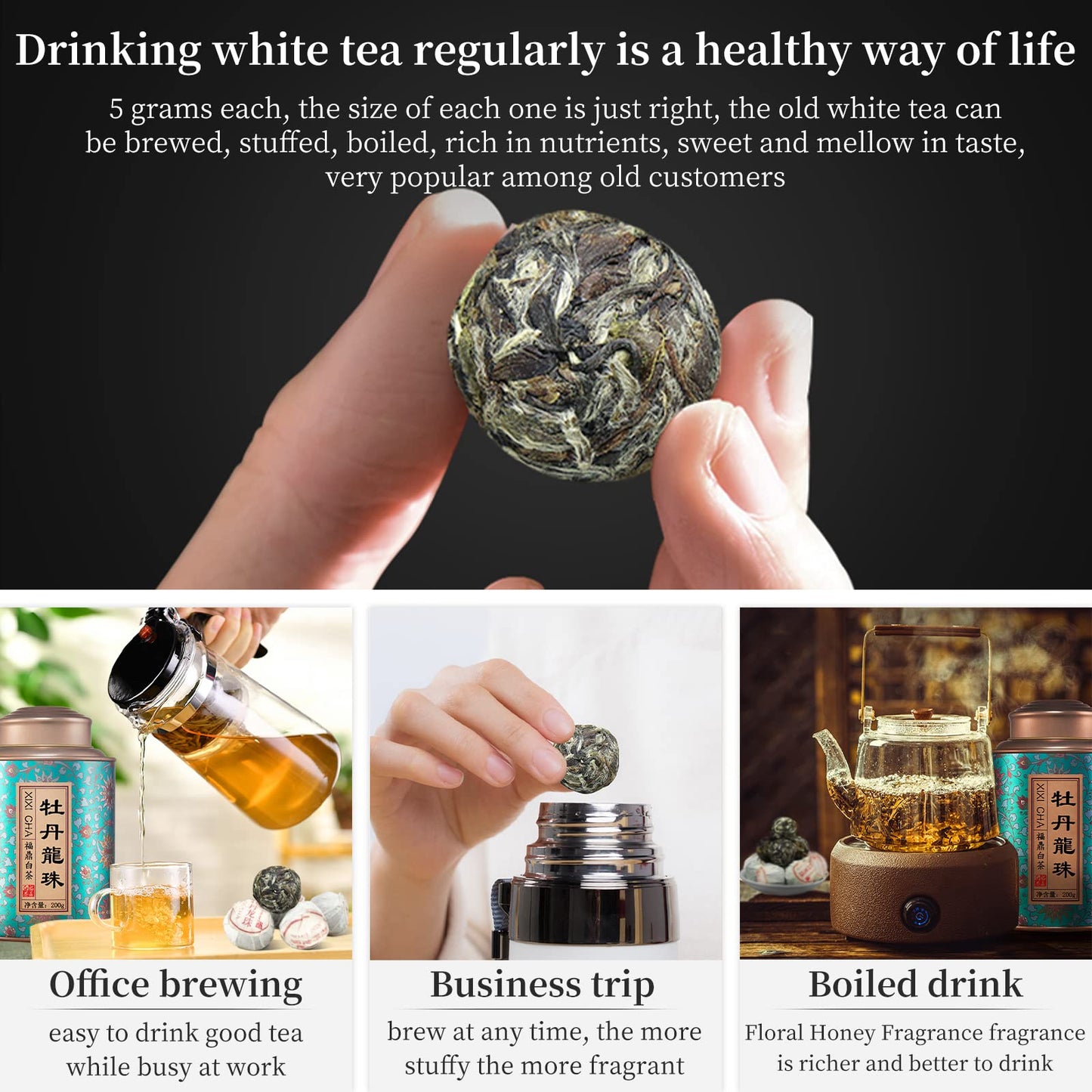XIXICHA White Peony Tea Pearls, 7oz, Premium White Tea, Fuding Dragon Pearls, Rich in Antioxidants