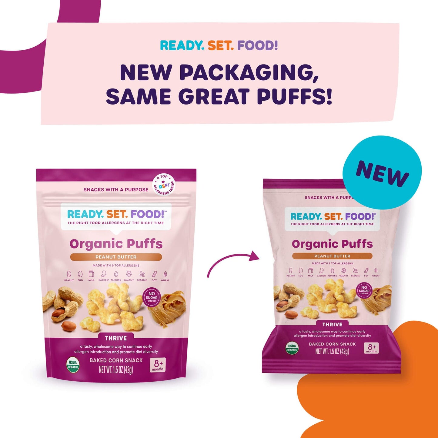 Organic Puffs - Early Allergen Introduction Snack Puffs W/ 9 Top Allergens: Organic Peanuts, Cashew, Egg & More By Ready Set Foo