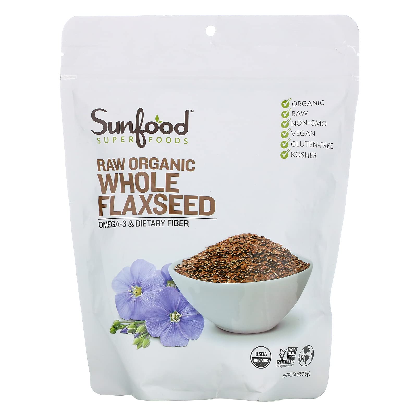 Sunfood Superfoods Whole Flaxseed - Organic, Raw, Gluten-Free - Rich In Protein, Fiber, Omega-3'S - Mild Nutty Flavor - One Of N